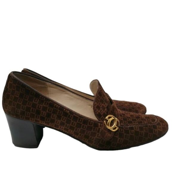 Vintage Gucci Brown Suede Monogram Loafers with Gold GG Emblem – Size 41 AA